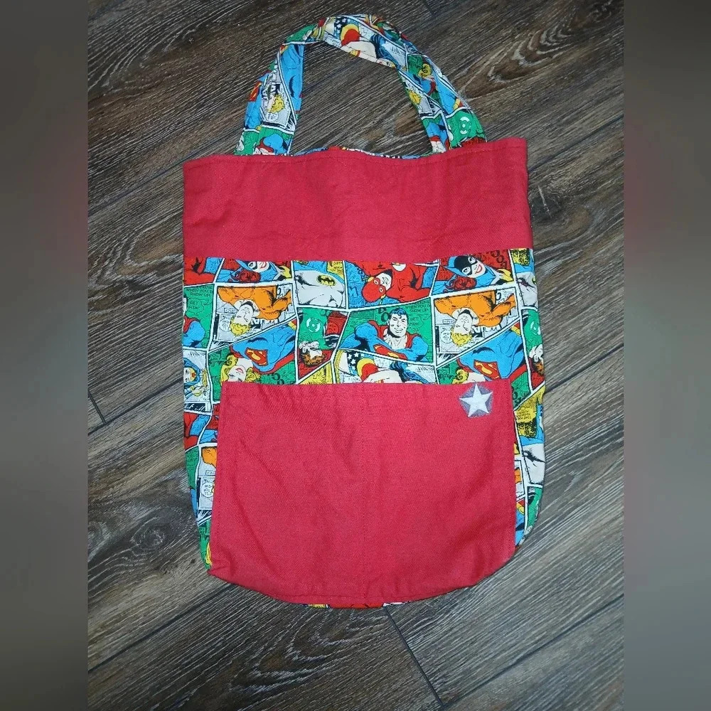 DC Hero's red handmade tote bag action figures,superman wonderwoman